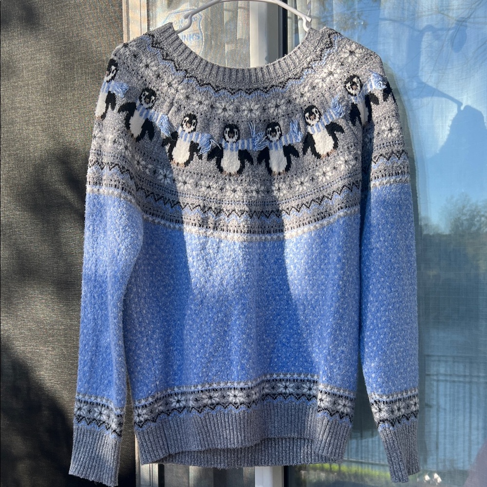 Holiday Time Gray and Blue Penguin Sweater